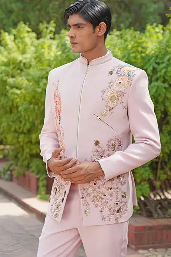 Blush pink embroidered silk blend jacket set