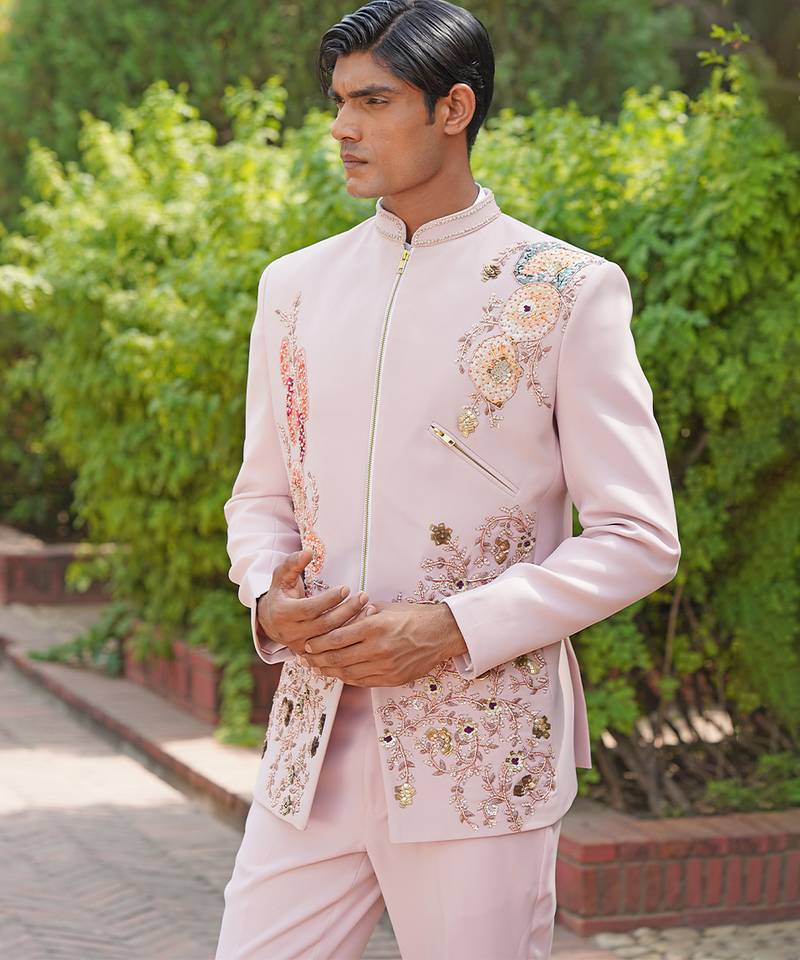 Blush pink embroidered silk blend jacket set