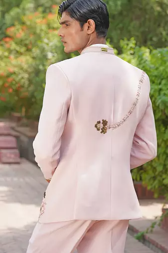 Blush pink embroidered silk blend jacket set