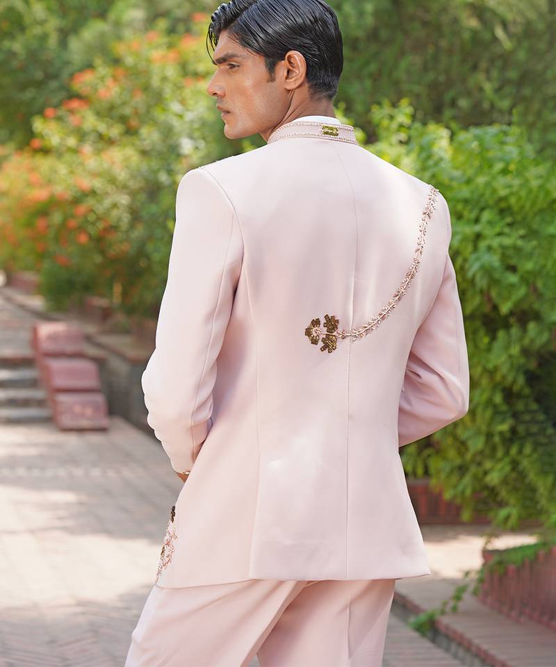 Blush pink embroidered silk blend jacket set