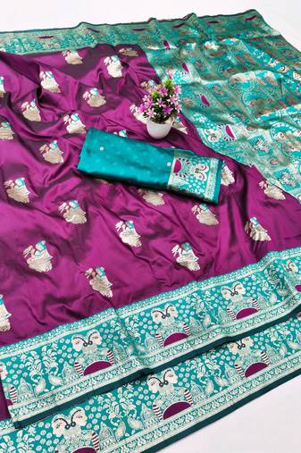 purpel zari woven baluchari silk blend traditional saree with blouse piece