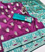purpel zari woven baluchari silk blend traditional saree with blouse piece