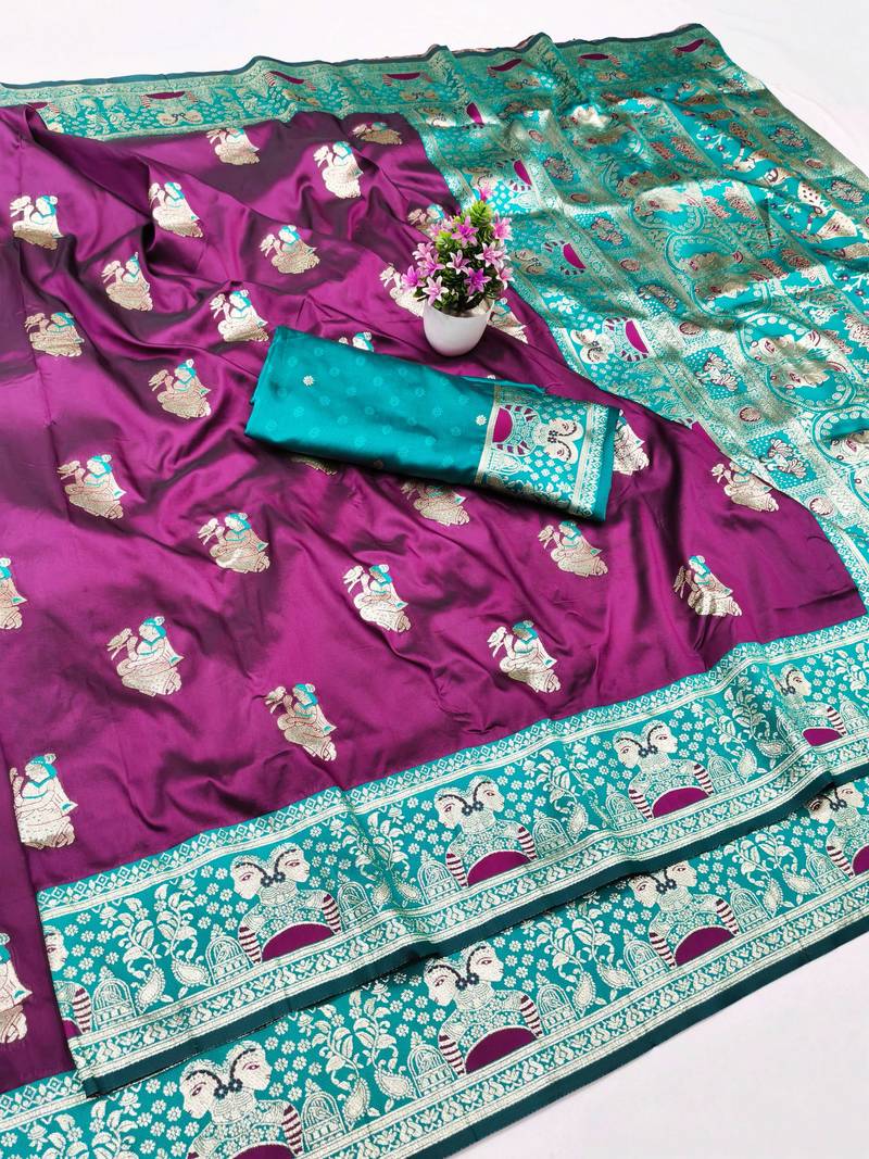 purpel zari woven baluchari silk blend traditional saree with blouse piece