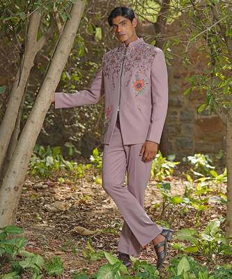 Dusty purple embroidered silk blend jacket set 1