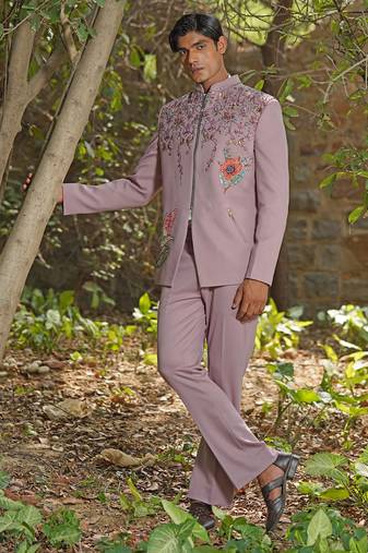 Dusty purple embroidered silk blend jacket set