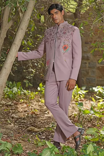 Dusty purple embroidered silk blend jacket set
