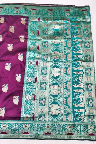 purpel zari woven baluchari silk blend traditional saree with blouse piece