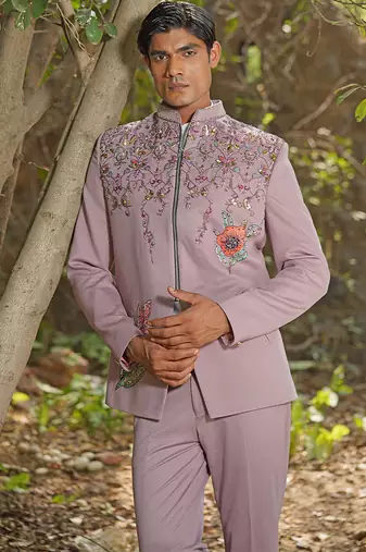 Dusty purple embroidered silk blend jacket set