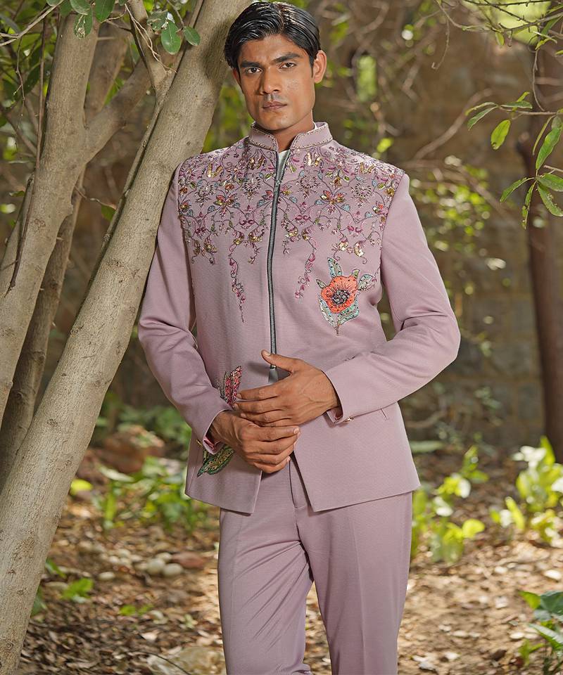 Dusty purple embroidered silk blend jacket set