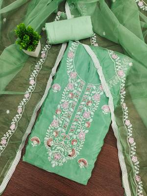 sea green embroidered glaze cotton unstitched dress material  3