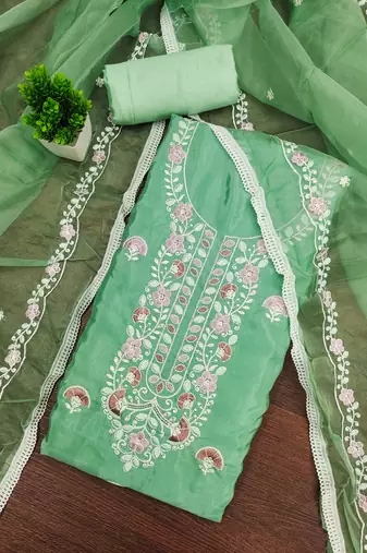 sea green embroidered glaze cotton unstitched dress material 