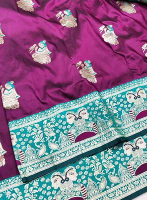 purpel zari woven baluchari silk blend traditional saree with blouse piece 3