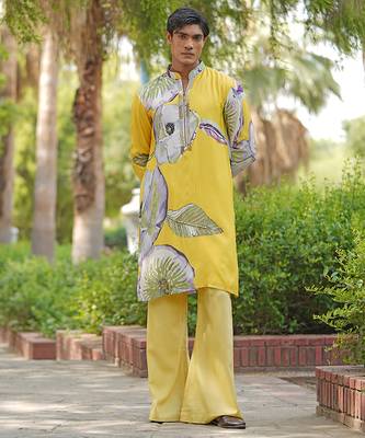 Mustard yellow embroidered satin kurta set 1