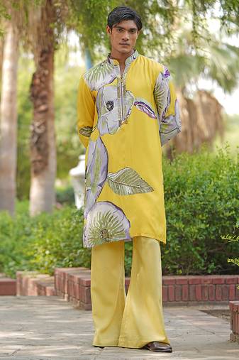 Mustard yellow embroidered satin kurta set