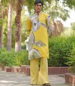 Mustard yellow embroidered satin kurta set