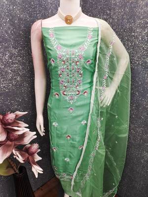 sea green embroidered glaze cotton unstitched dress material  4