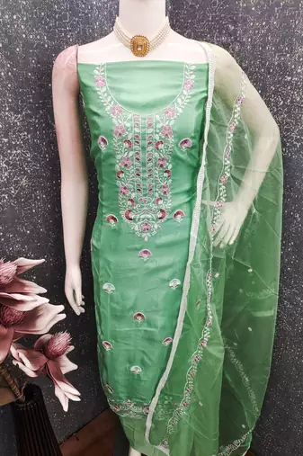 sea green embroidered glaze cotton unstitched dress material 
