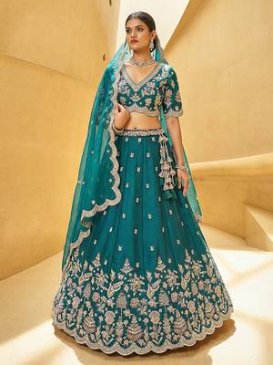 Women's Teal Blue Tissue Mirror sequince Embroidered Lehenga Choli with Dupatta 1