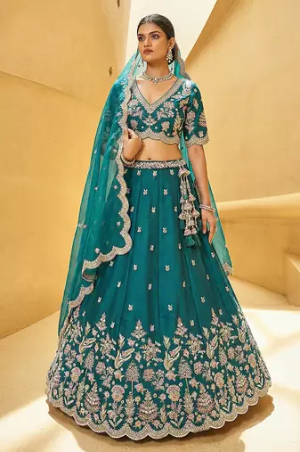 Women's Teal Blue Tissue Mirror sequince Embroidered Lehenga Choli with Dupatta