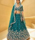 Women's Teal Blue Tissue Mirror sequince Embroidered Lehenga Choli with Dupatta