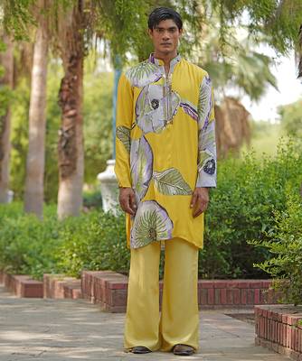 Mustard yellow embroidered satin kurta set 2