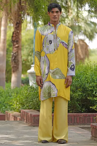 Mustard yellow embroidered satin kurta set