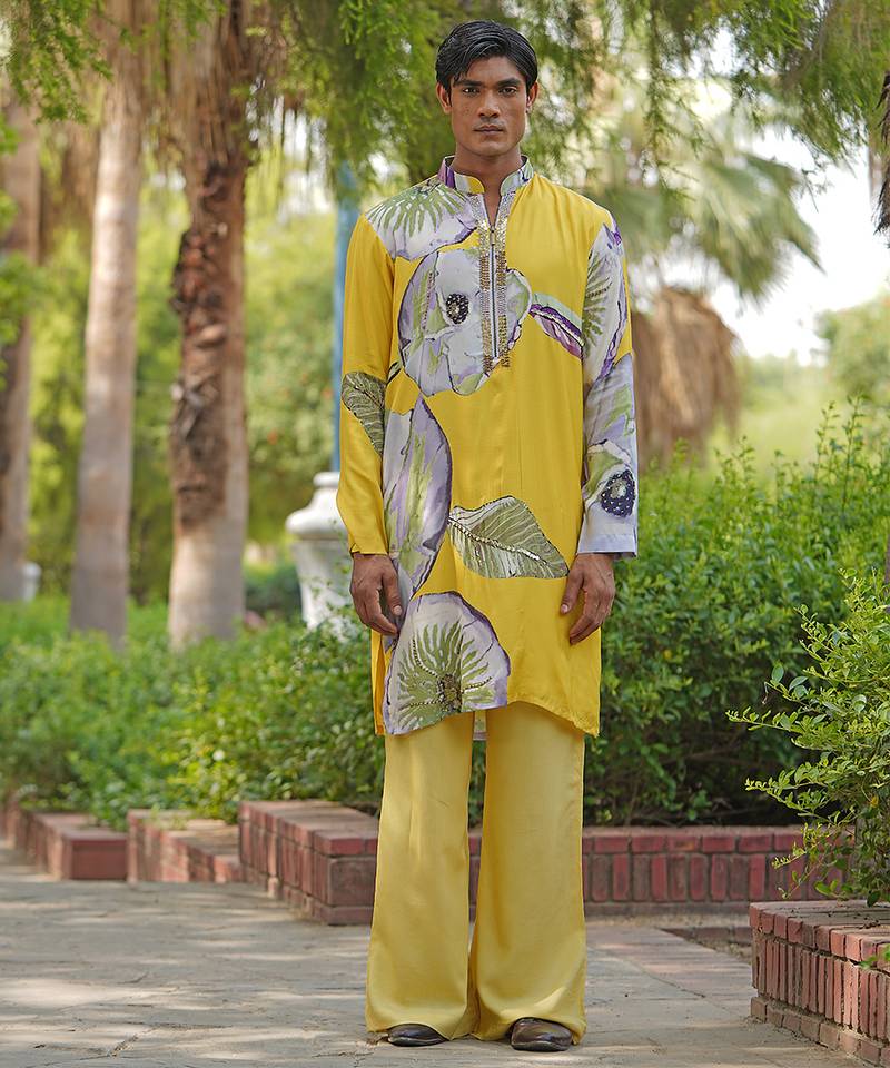 Mustard yellow embroidered satin kurta set
