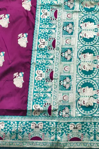 purpel zari woven baluchari silk blend traditional saree with blouse piece