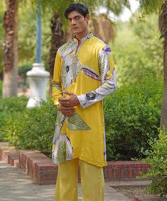 Mustard yellow embroidered satin kurta set 3