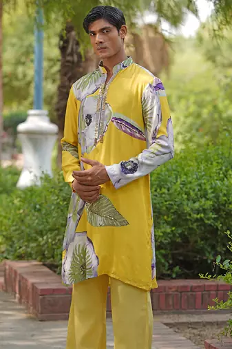 Mustard yellow embroidered satin kurta set