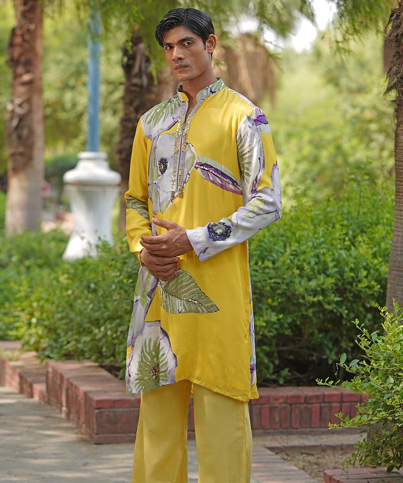 Mustard yellow embroidered satin kurta set