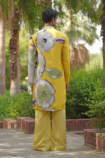 Mustard yellow embroidered satin kurta set