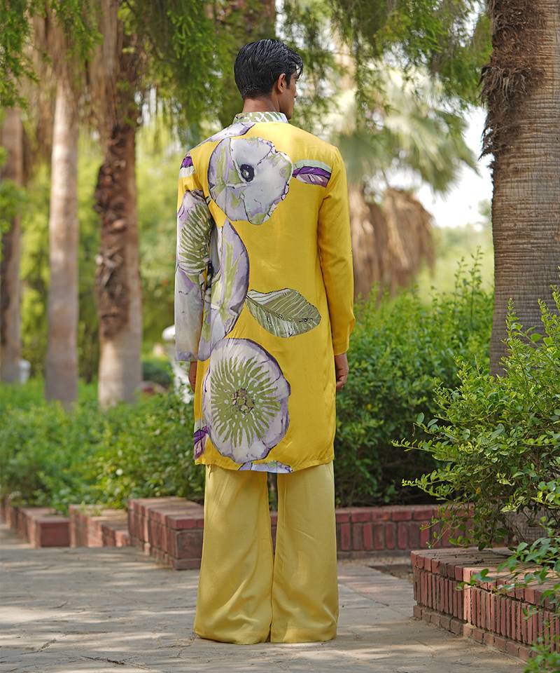 Mustard yellow embroidered satin kurta set