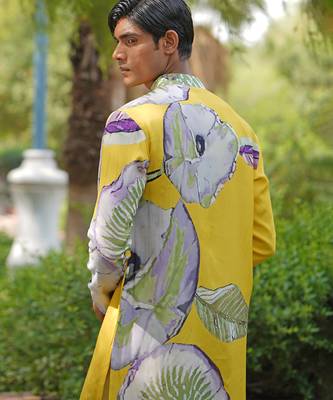Mustard yellow embroidered satin kurta set 5