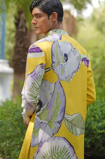Mustard yellow embroidered satin kurta set