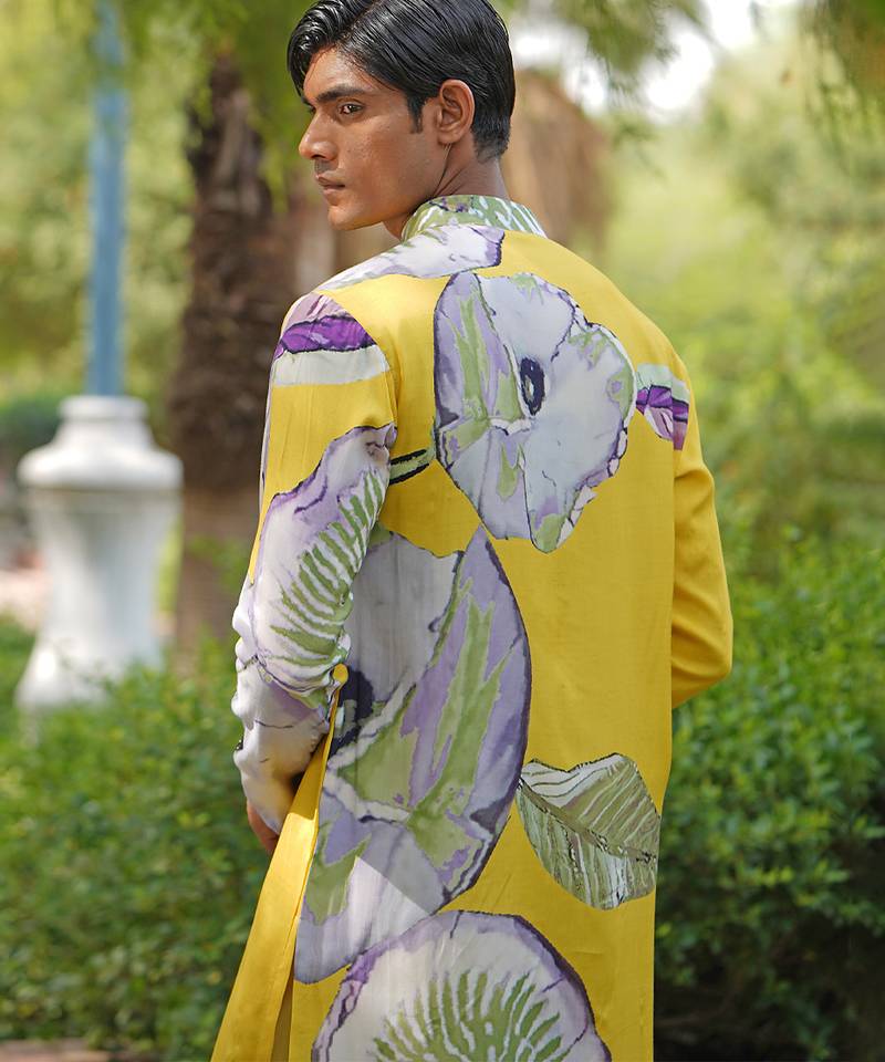 Mustard yellow embroidered satin kurta set