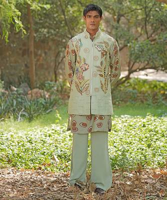 Mint green embroidered cotton silk kurta jacket set 1