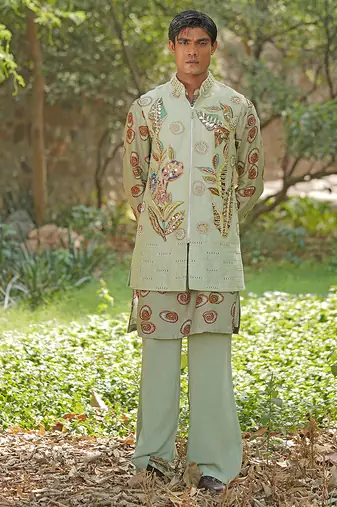 Mint green embroidered cotton silk kurta jacket set