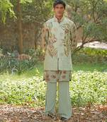 Mint green embroidered cotton silk kurta jacket set