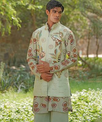 Mint green embroidered cotton silk kurta jacket set 2