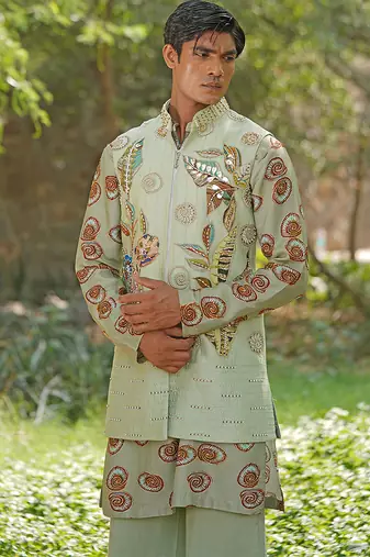 Mint green embroidered cotton silk kurta jacket set