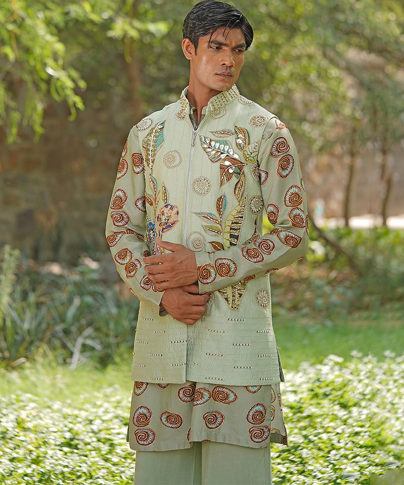 Mint green embroidered cotton silk kurta jacket set