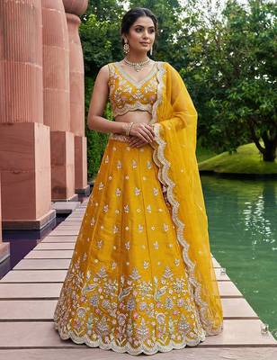Women's Mustard Tissue Mirror sequince Embroidered Lehenga Choli with Dupatta 1