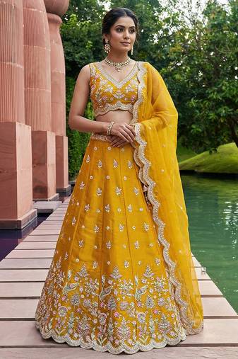 Women's Mustard Tissue Mirror sequince Embroidered Lehenga Choli with Dupatta