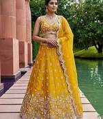 Women's Mustard Tissue Mirror sequince Embroidered Lehenga Choli with Dupatta