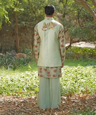 Mint green embroidered cotton silk kurta jacket set 3