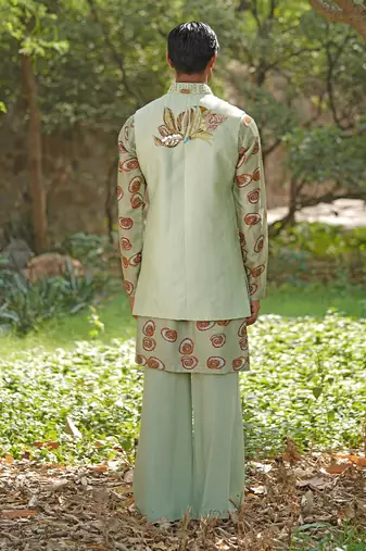 Mint green embroidered cotton silk kurta jacket set