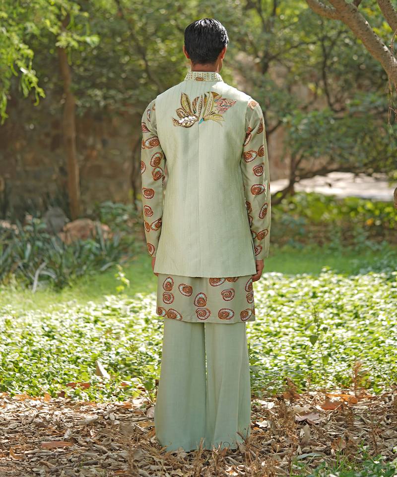 Mint green embroidered cotton silk kurta jacket set