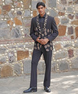 Black embroidered satin tuxedo set 1