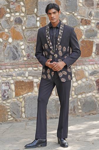 Black embroidered satin tuxedo set